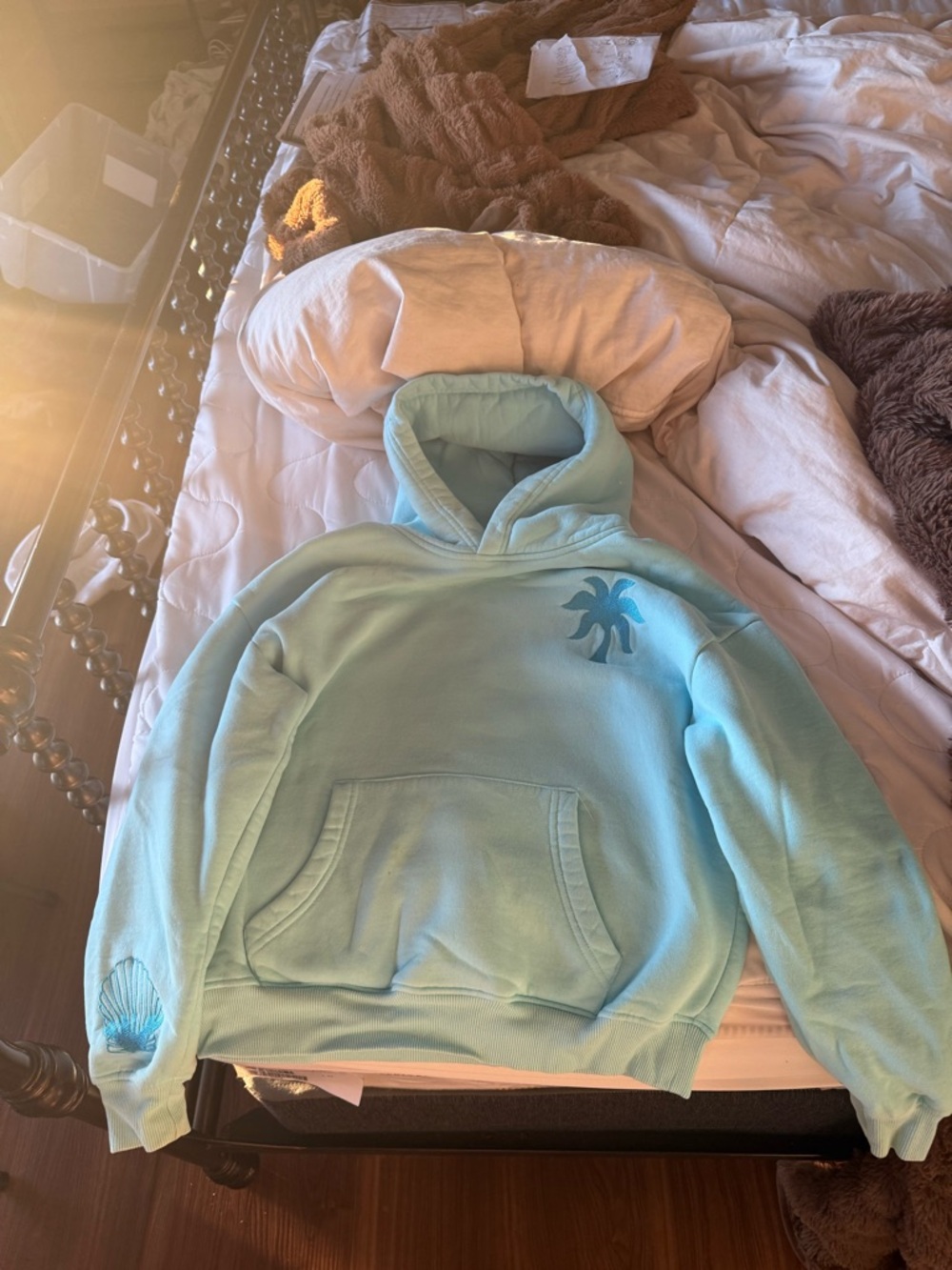 Pink Palm Puff Teal Hoodie Sweater
